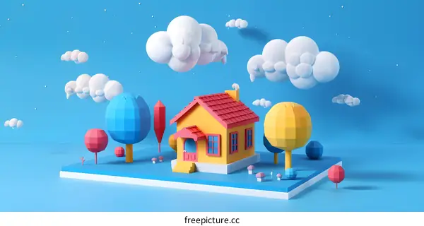 Low Poly 3D Rendered Cute Yellow House With Red Roof In A Dreamlike Scene