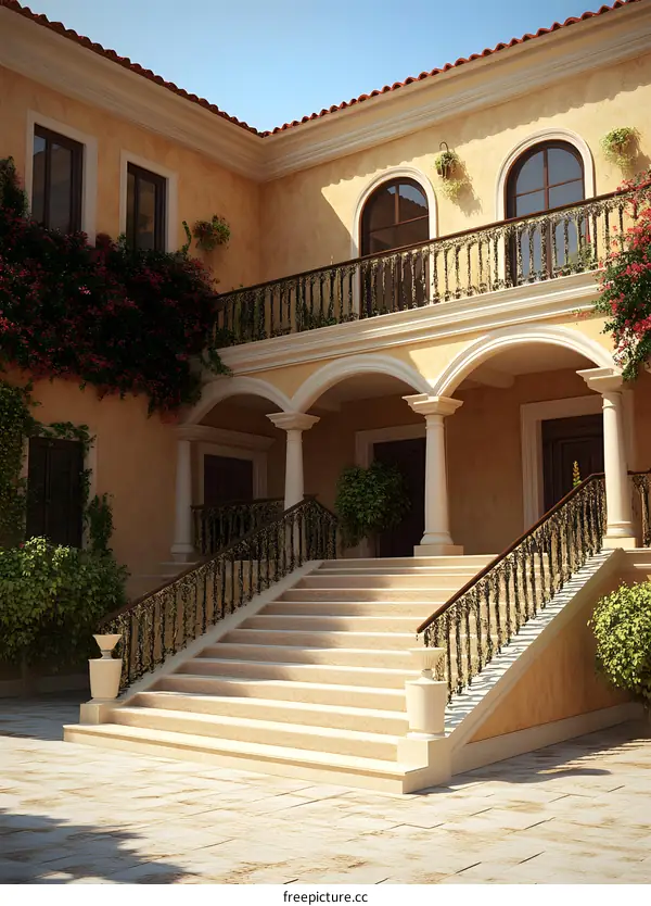 Italian Style Villa Entrance with Stairs and Balcony