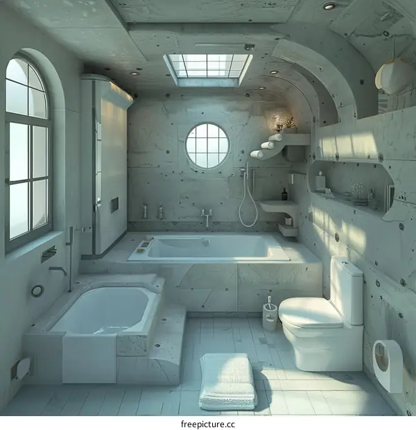 Luxury bathroom interior with concrete walls and large round window