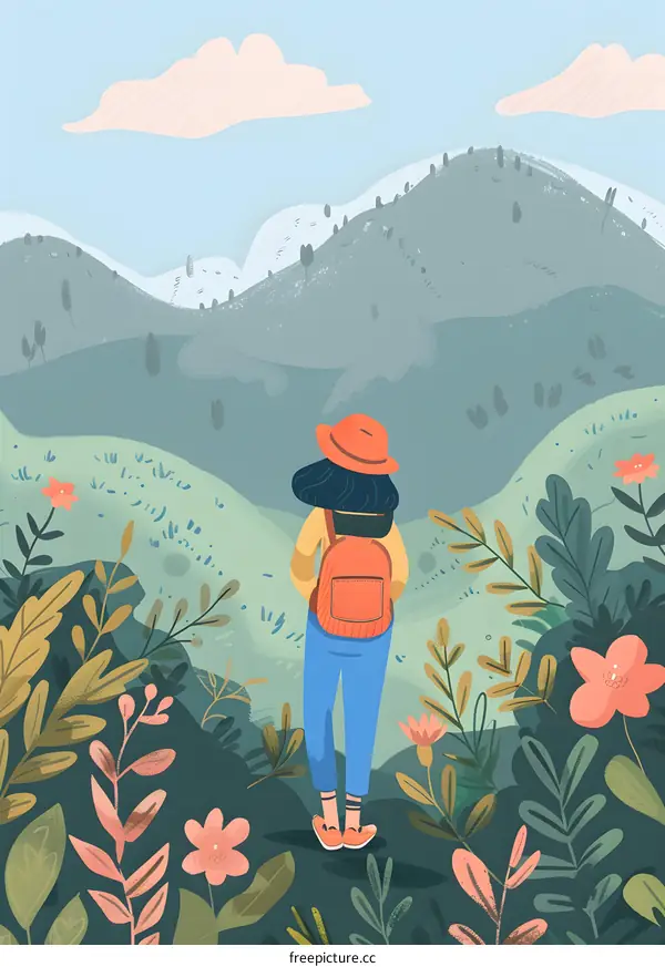 Backpacker Standing on Top of a Mountain Looking at the View