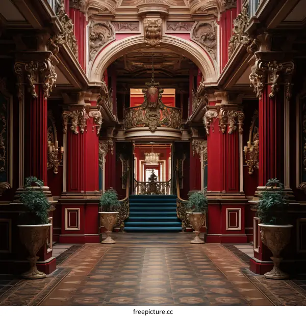 Grand Hallway with Red Columns and Blue Carpet