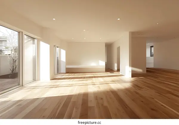 Modern Empty Living Room With Hardwood Floor And Sunlight