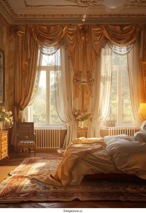 Vintage Bedroom with Sunlight Streaming Through Large Windows