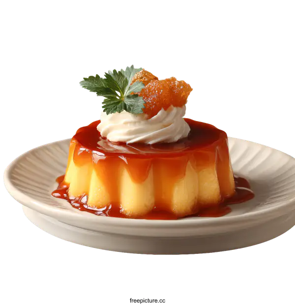 [Transparent Background PNG]Delicious Caramel Flan Dessert on a Plate