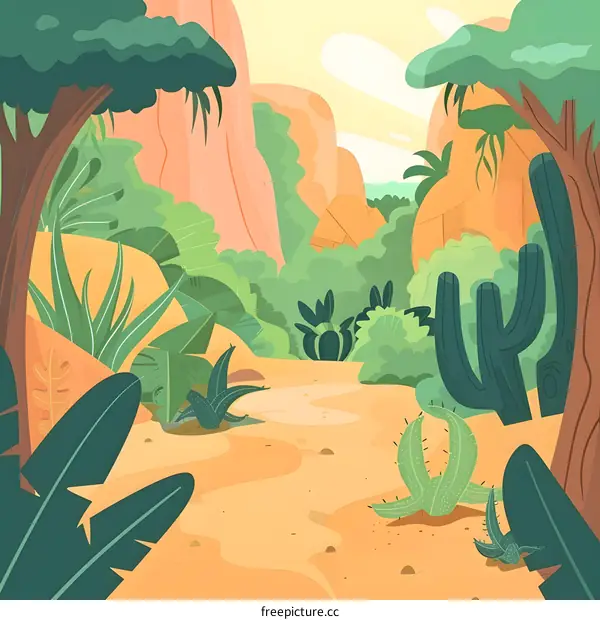 Desert Landscape With Cactus and Lush Greenery