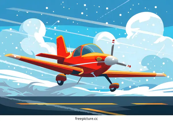 Red Airplane Flying Through Snowy Clouds