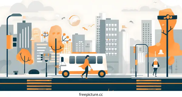 Simple Illustration of City Life with Bus and People