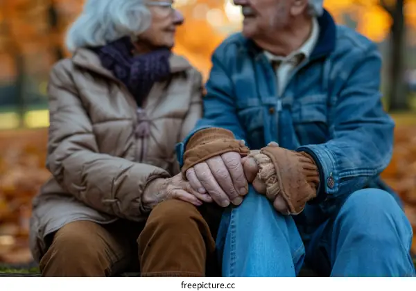 An elderly couple is sitting on a bench in the park holding hands