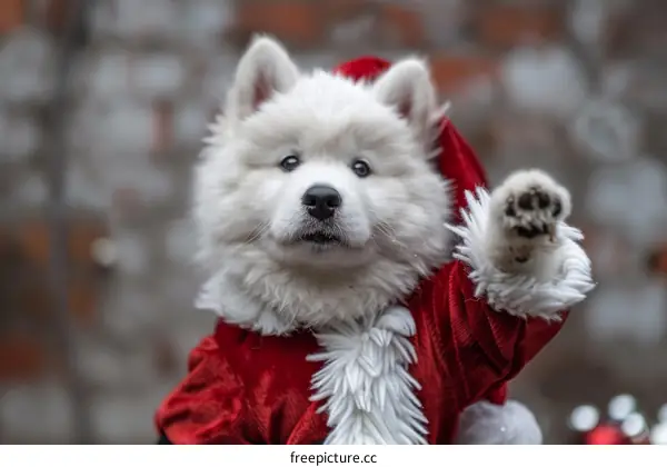 Samoyed puppy in Santa costume with raised paw