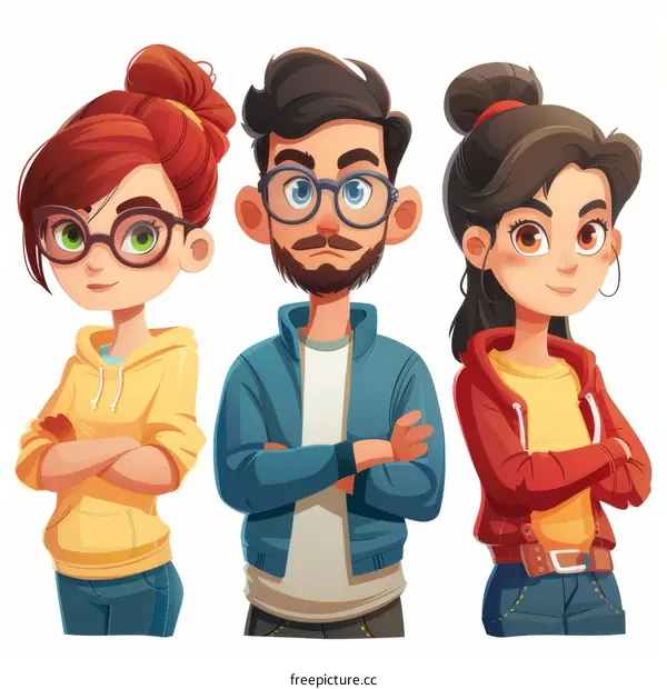 Three People with Different Hairstyles and Clothing