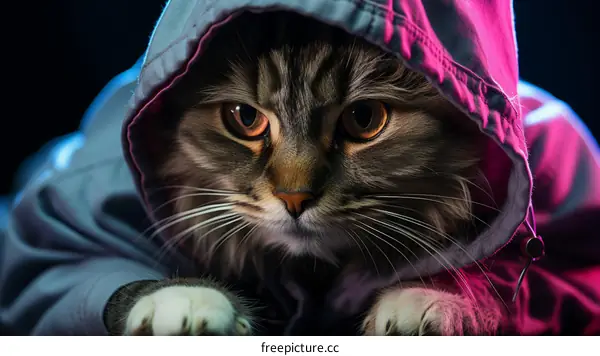 A cat wearing a multi-colored hoodie