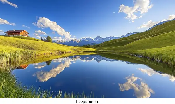 Alpine Meadow Reflection and Wooden Chalet