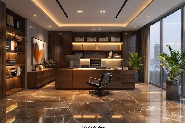 Modern office interior with marble floor and wooden furniture