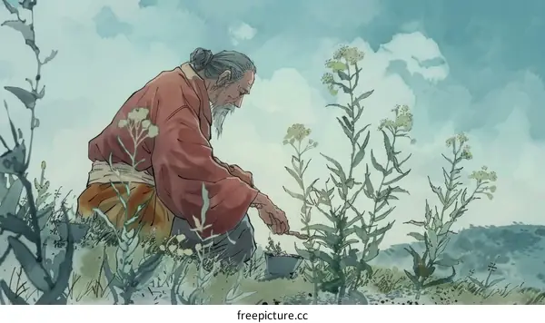 Old Man Tending to Plants in Nature Illustration