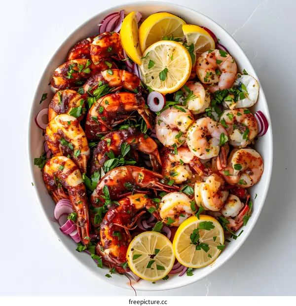 large white bowl filled with grilled shrimp and lemon wedges