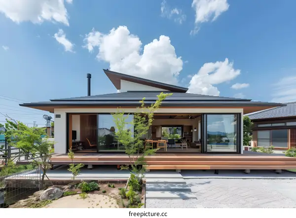 Modern Japanese House with Wooden Deck and Sliding Glass Doors