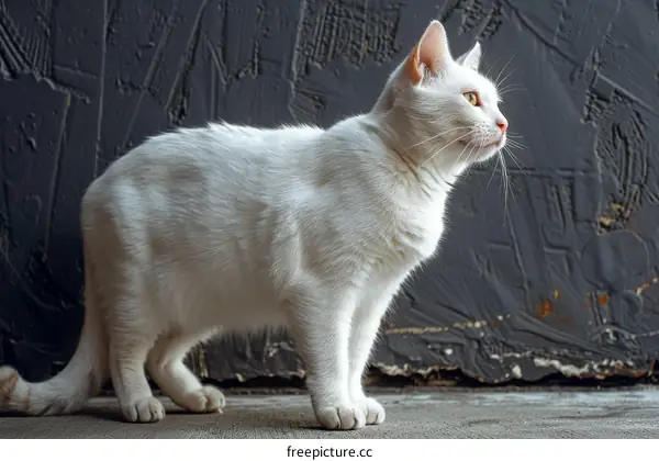 A white cat is standing sideways and looking away from the camera.
