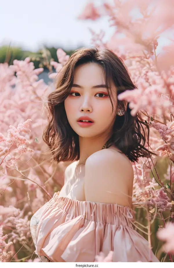 Beautiful Asian Woman in a Pink Floral Field