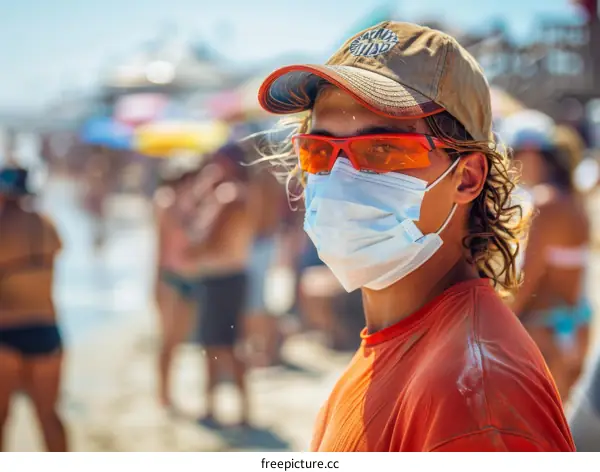 Lifeguard wearing a mask standing on a beach with people in the background