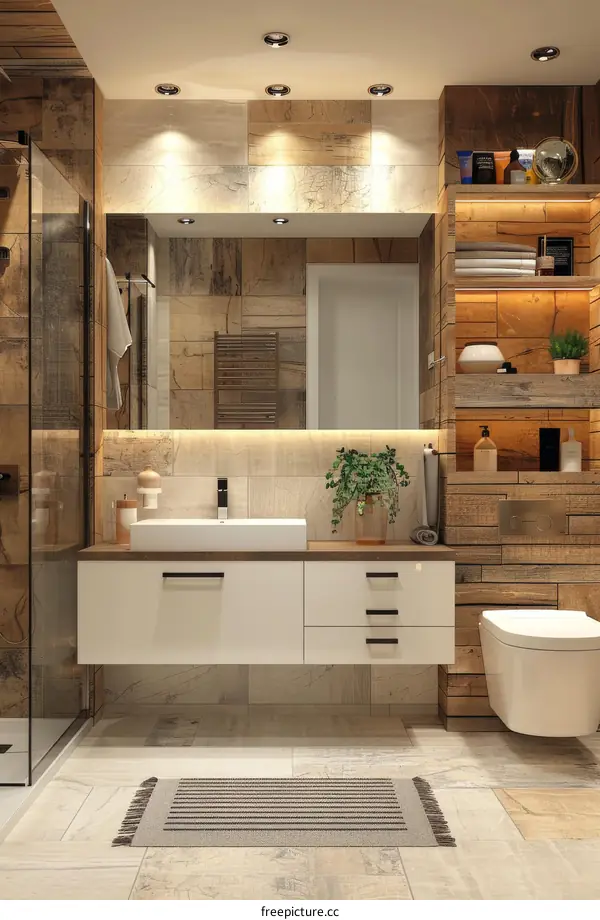 Modern Bathroom with Wood and White Tiles: A Haven of Comfort and Style
