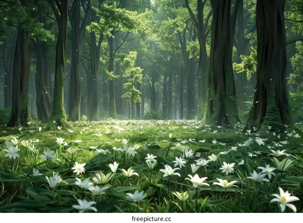 Mystical Forest Glade with White Flowers