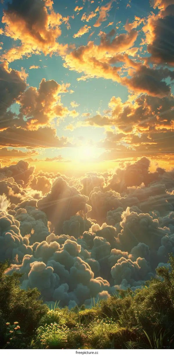 Golden Sun Rays Illuminate Heavenly Cloudscape