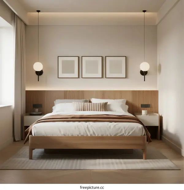 Modern bedroom with wooden bed and neutral color scheme
