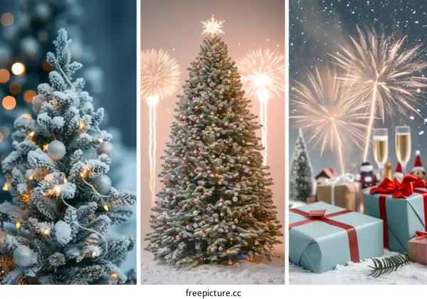 A beautiful Christmas tree with presents and fireworks in the background