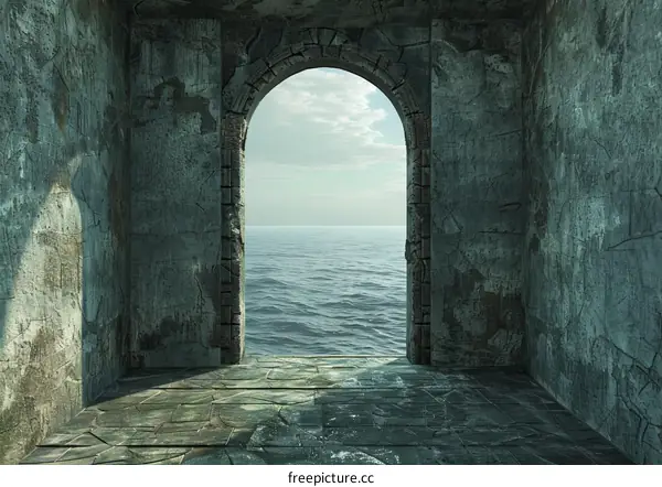 Stone Fantasy Chamber with Open Gateway to Azure Sea