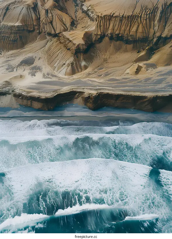 Aerial View of Waves Crashing on a Sandy Beach