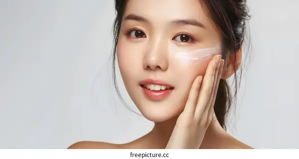 Smiling Asian Woman Applying Moisturizer to her Face