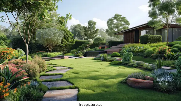 Modern Landscape Design with Lush Plants and Pathway