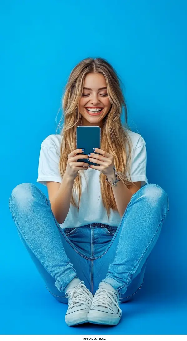 Happy Woman Looking at Smartphone