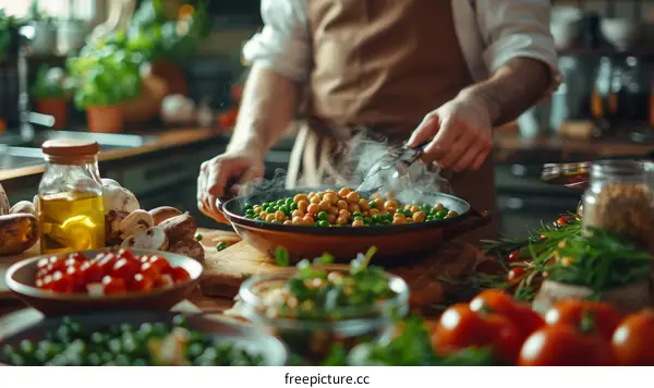Caucasian man cooking delicious and healthy food in the kitchen