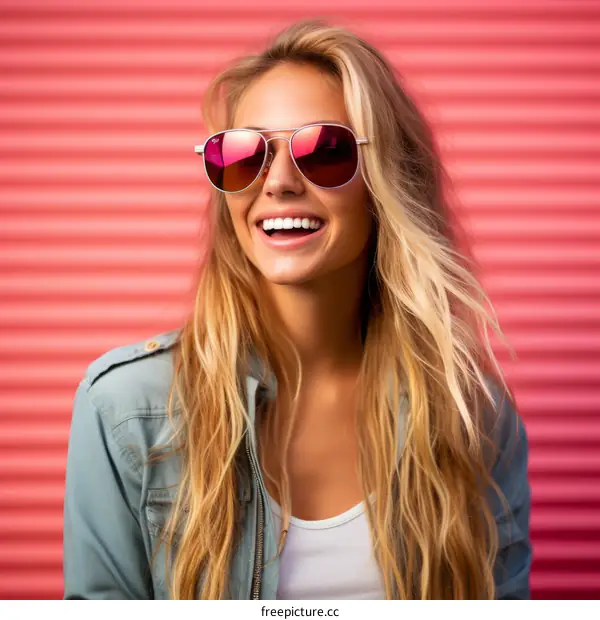 Portrait of a Smiling Blonde Woman Wearing Sunglasses