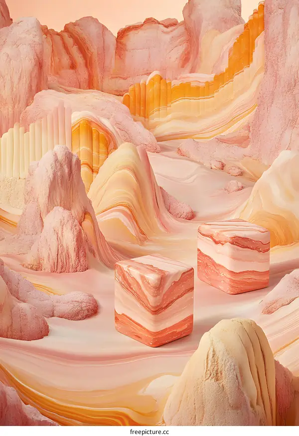 Abstract Pink and Orange Mountain Landscape With Cubes