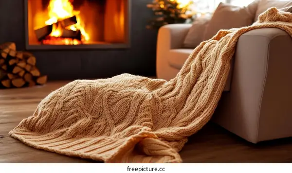 Cozy Knitted Throw Blanket on Floor by Sofa