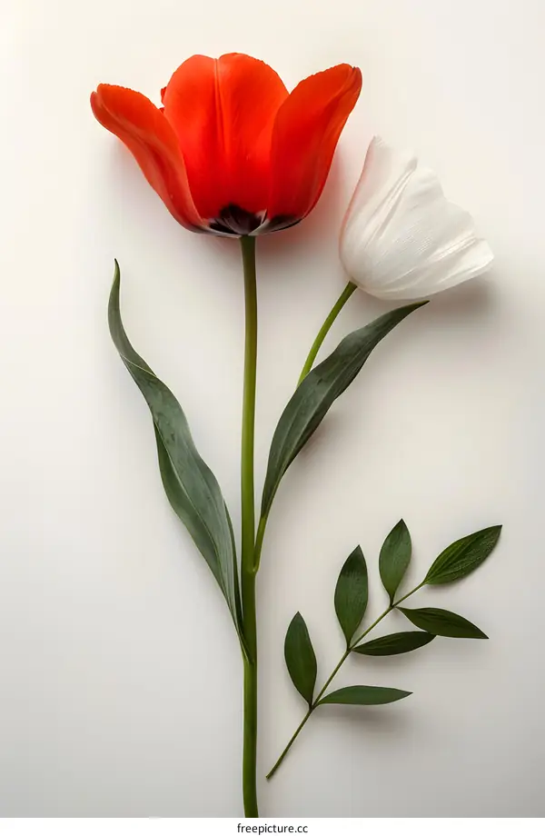 Red and white tulips on a white background
