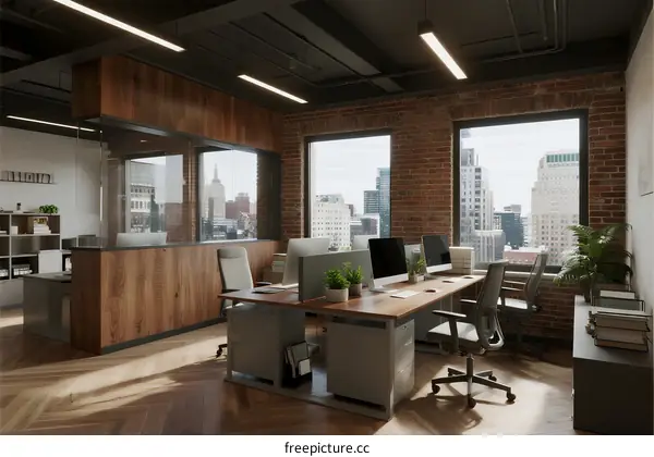 Modern office space with large windows and wooden furniture