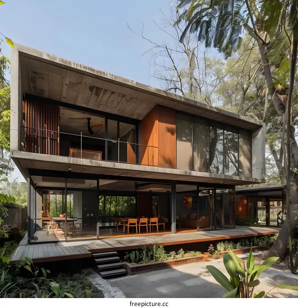 Modern Concrete House With Wooden Accents and Patio