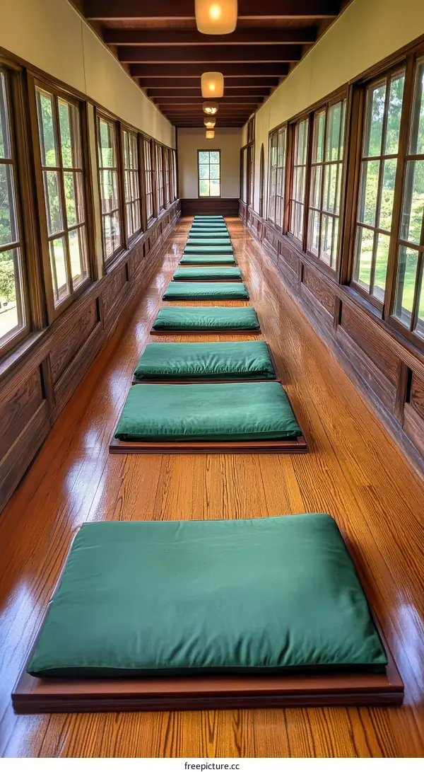 Wooden Corridor with Green Cushions for Meditation