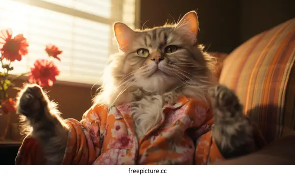 A ginger cat wearing a floral shirt is sitting on a couch and looking at the camera.