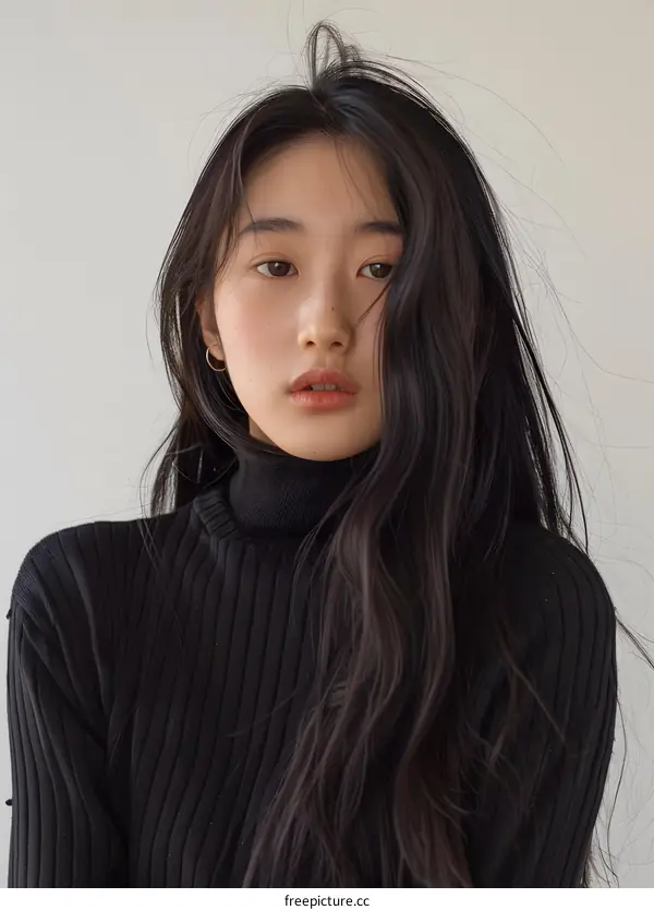 Portrait of an Asian Woman with Long Black Hair Wearing a Black Turtleneck Sweater