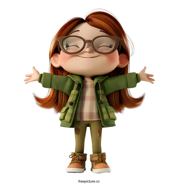 [Transparent Background PNG]Smiling Cartoon Girl with Glasses Wearing Green Jacket