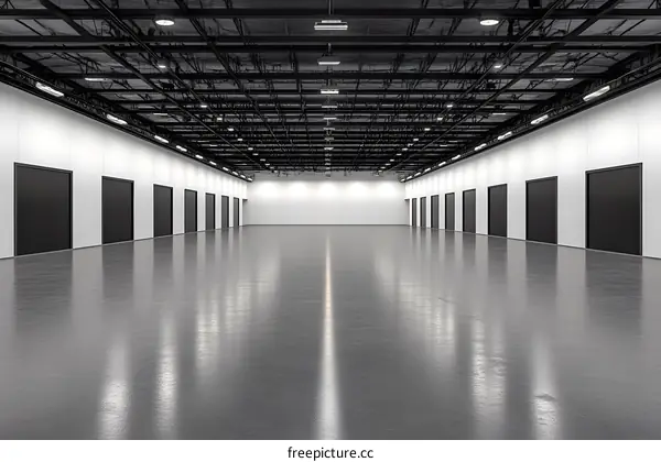 Empty White Room with Black Doors and Shiny Floor