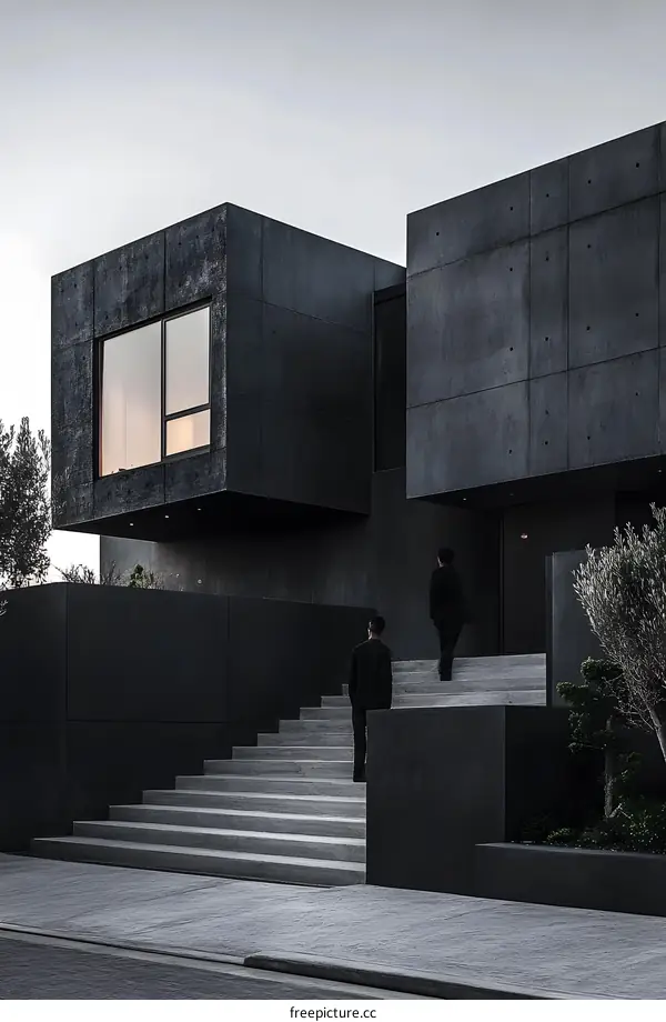 Modern Black Concrete House With Two Men Walking Up The Stairs