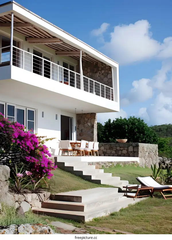 Modern White House with Stone Walls and Pink Flowers