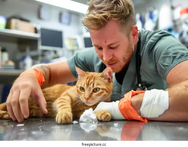 Veterinary surgeon with cat