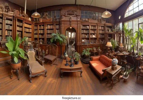 ornate library filled with books plants and sculptures