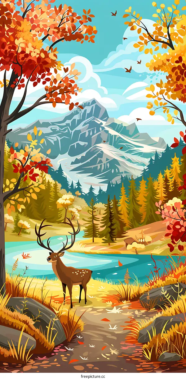 Autumn Forest Landscape with Deer and Mountains